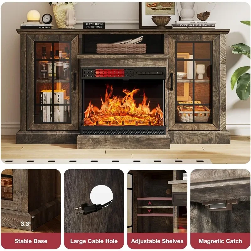 oneinmil 59'' Fireplace TV Stand, 3 Sided Glass Media Entertainment Center Console Table for TVs up to 65'' with Glass Door