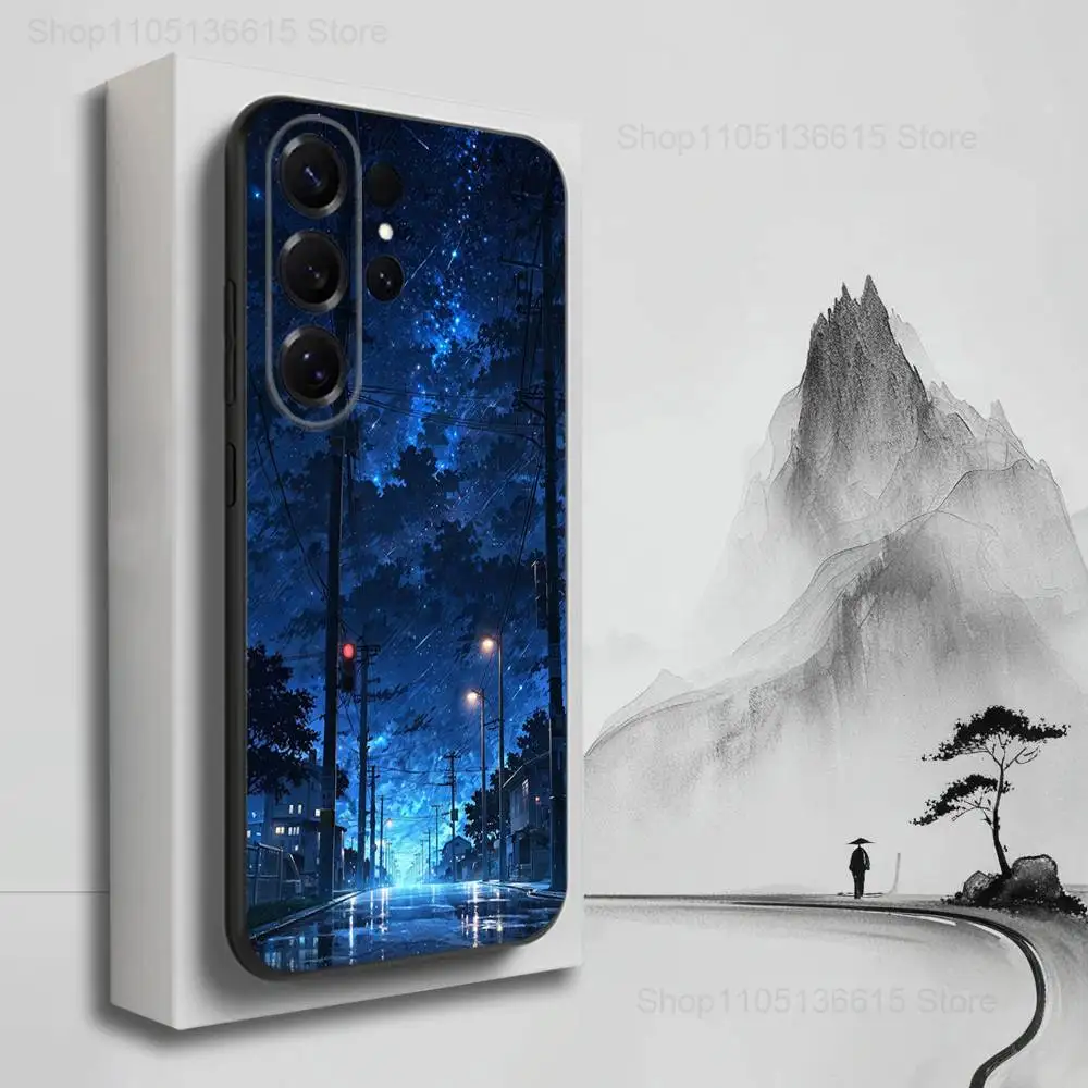 Capa de telefone com visão noturna de desenho animado azul para Samsung S25, S24, S23, S22, S21, S20, S10, S9, Ultra, Plus, Lite, FE, capa preta de silicone macio