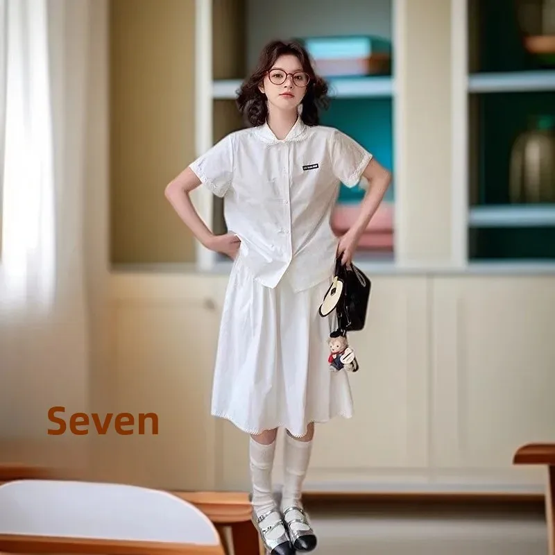 القطن الأبيض قصيرة الأكمام قميص المرأة كلية نمط دمية طوق الدانتيل تقليم مكافحة الشيخوخة مياو سلسلة الصيف أزياء تي شيرت #1