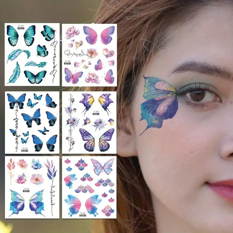 14 Stuks Set Vlinder Vleugels Glanzende Tattoo Sticker Y 2K Waterdichte Ogen Gezicht Body Art Nep Tatoeages Voor Vrouwen Make-Up Accesorios