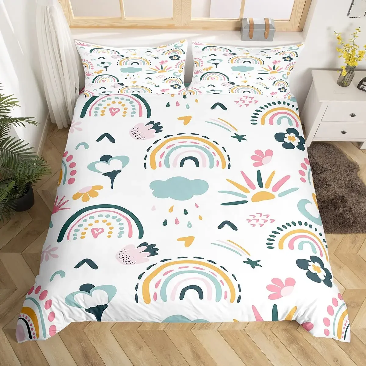 

Cartoon Rainbow Bedding Set 3D Printed Duvet Cover Set Soft Single Twin Double Queen King Size For Birthday Gift For Girls Women