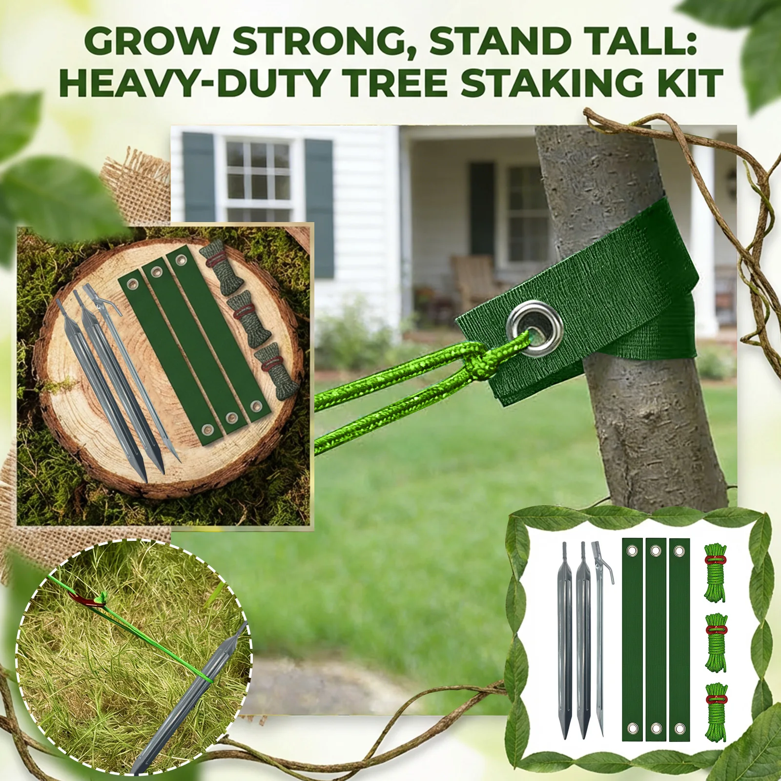 Durable Green Heavy Duty Tree Stake Support and Tying Straps Set Tree Binding And Windproof Fixing Straps Rhombus Shape