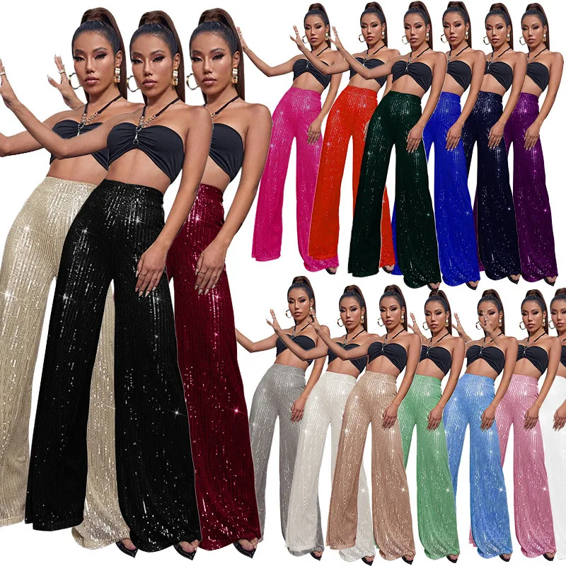 2026 Women's Solid Color Wide-leg Pants Casual Fashion Elegant Black Sequins Holiday For Women Long Pant Womens Clothing