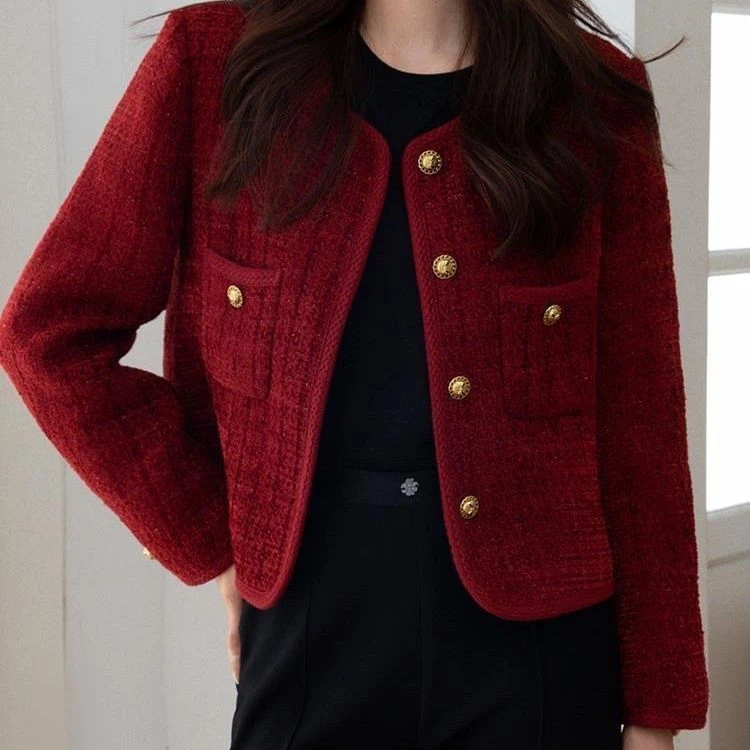 

Faionable Wine Red Sle Jaet Women's Spring Autumn 2026 New High End Ele Lady Small Size Top Button Detail
