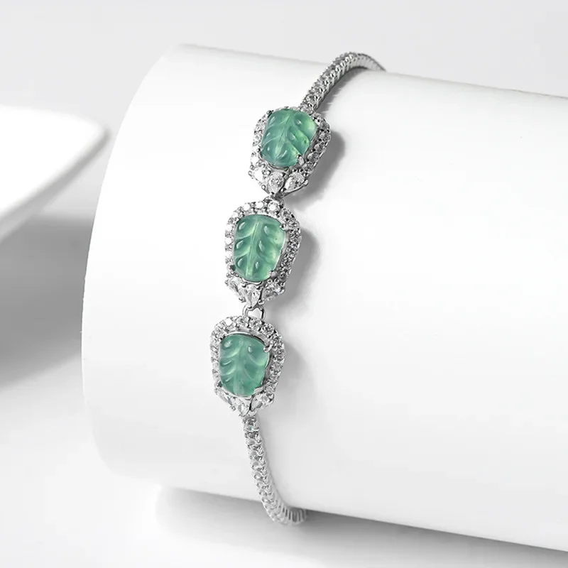 

Burmese Jade Leaf Bracelets Emerald Amulets Charms Vintage Jewelry Carved 925 Silver Gemstone Bangles Blue Designer Natural