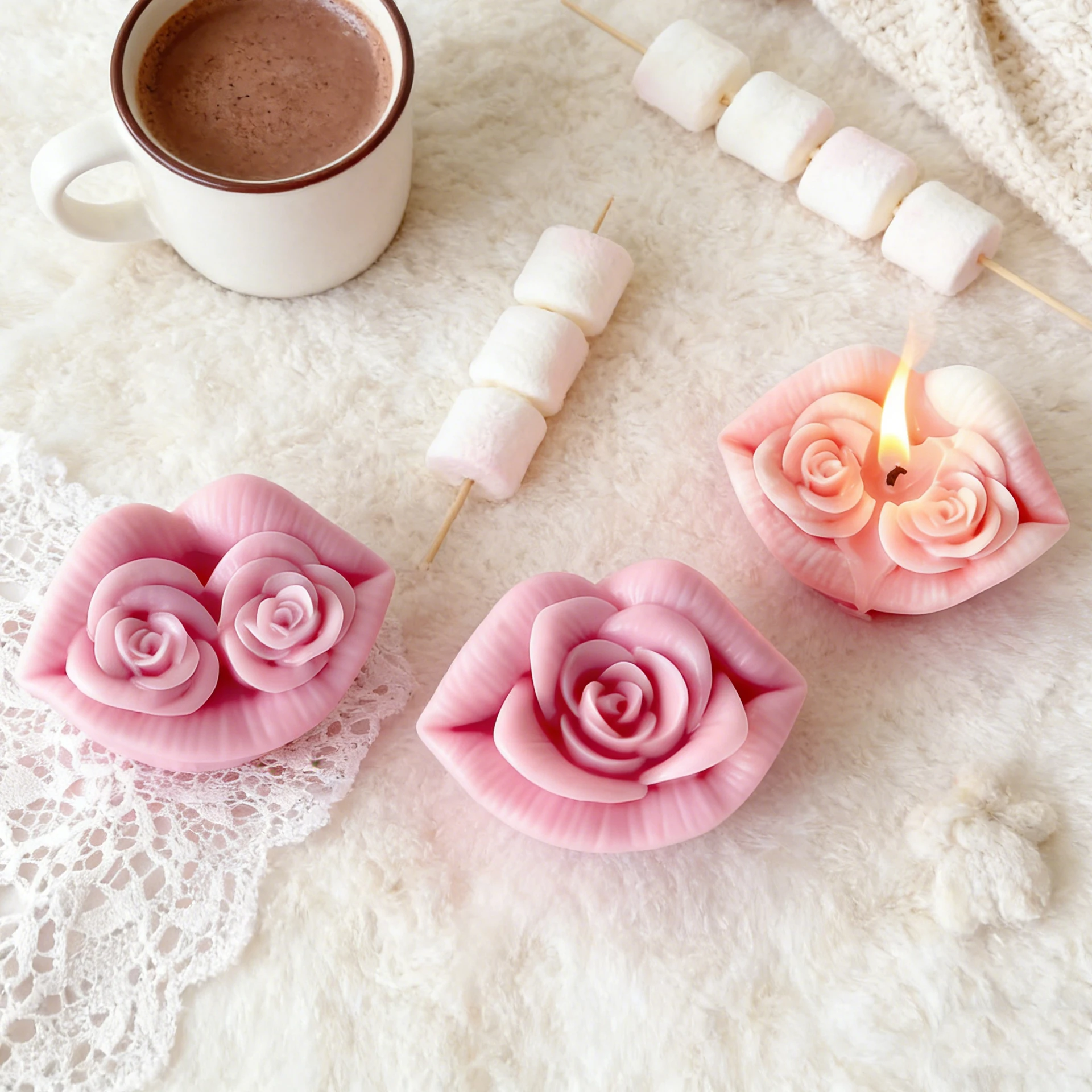 DIY Lips Rose Flower Candle Silicone Mold for Aromatherapy Wax Plaster Diffuser Stone Resin Craft Home Decor