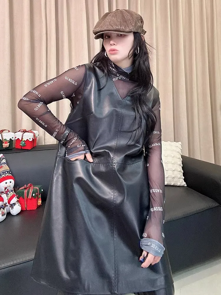 ربيع جديد إمرأة الخامس الرقبة فضفاضة تناسب جلد الغنم فستان جلد طبيعي موضة جلد ناعم بلا أكمام تانك فستان ملابس الشارع الشهير عادية #2