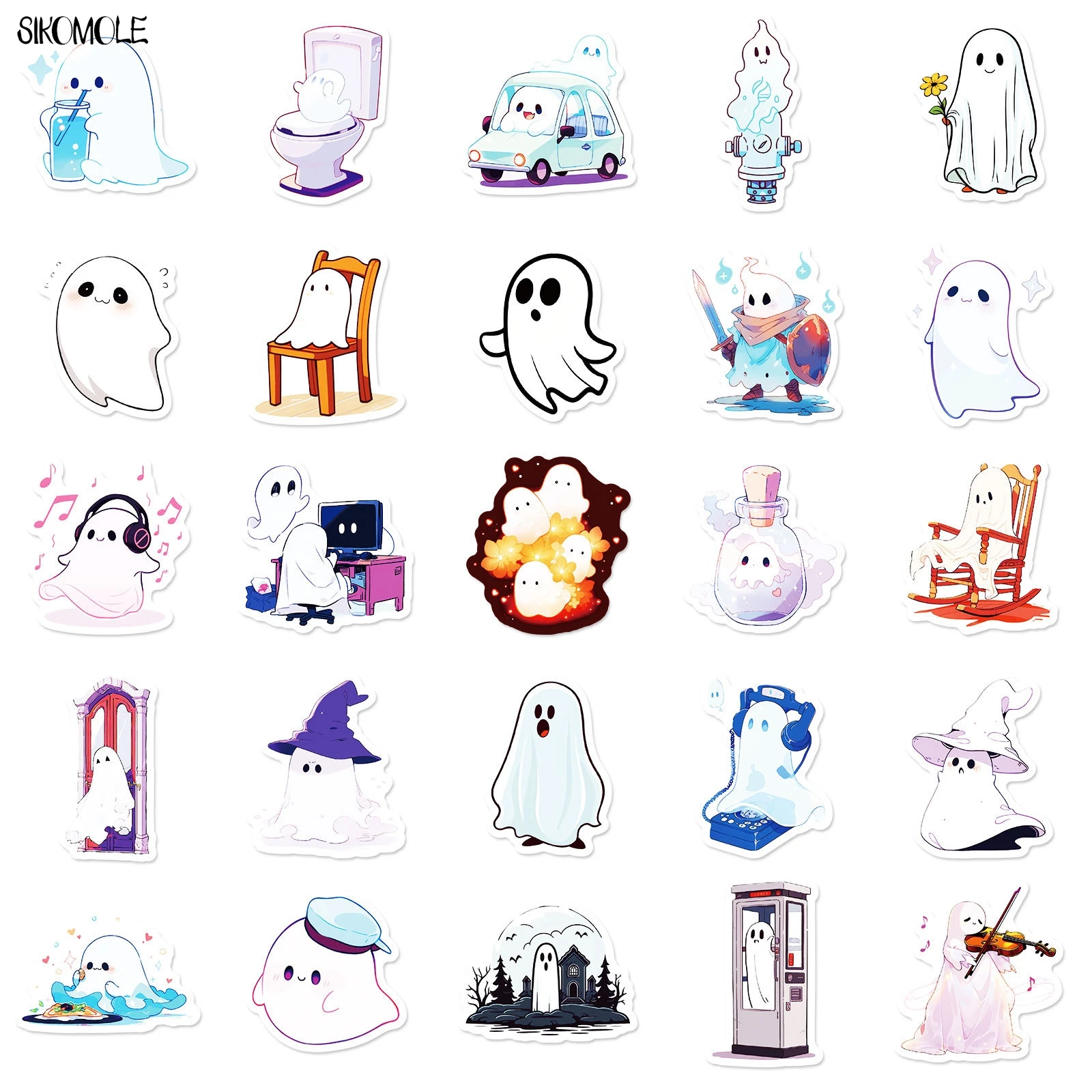10/30/50 sztuk śmieszne kreskówki biały duch śliczny motyw naklejki Graffiti estetyczna naklejka Laptop telefon bagaż księga gości naklejki samochodowe