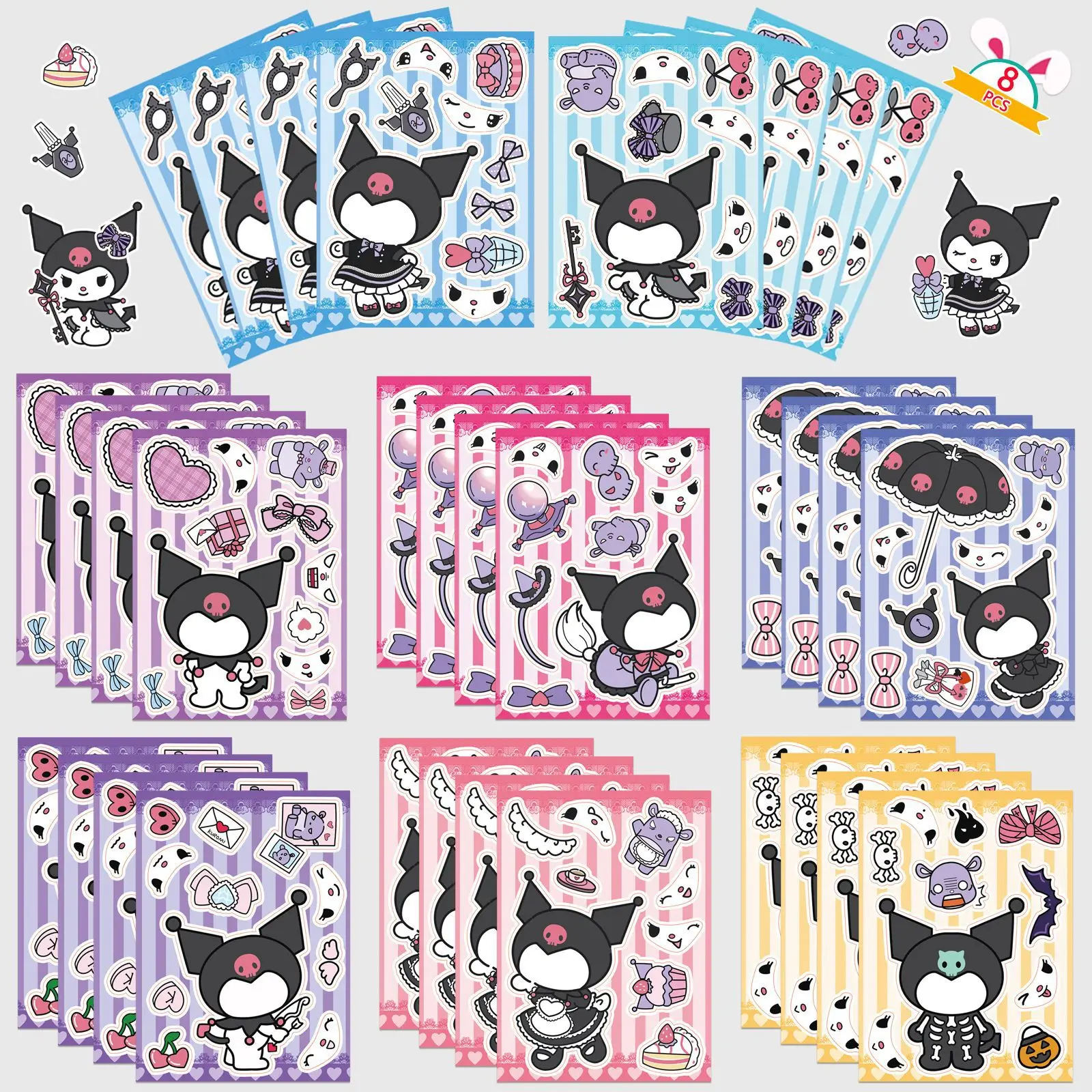 8/16Sheets Sanrio Kuromi Make a Face Puzzle Sticker DIY Phone Laptop Luggage Skateboard Graffiti Decals Fun for Gift