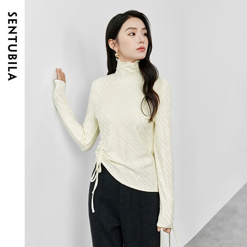 SENTUBILA Slim Fit Jacquard Knitted T-shirt for Women 2024 Autumn Winter Stand Neck Shirring Comfort Women Clothing 144S57234