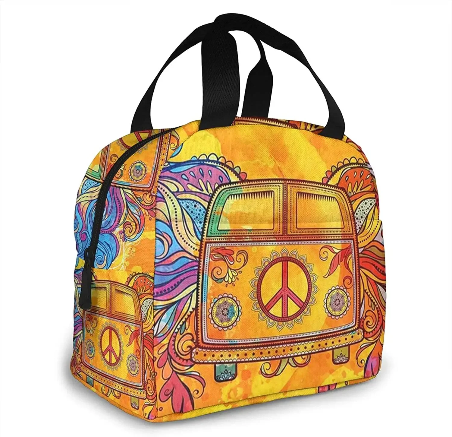 Hippie Vintage Car A Mini Van with Peace Sign Insulated Lunch Box Reusable Cooler Tote Bag Waterproof Lunch Holder for Women