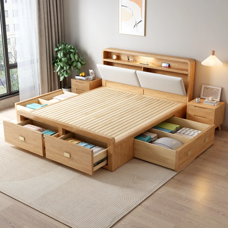 

Safe Cheap Nordic Bed Multifunctional Designer Mute Twin Solid Wood Bed Storage Master Bedroom Cama De Casal Home Furniture