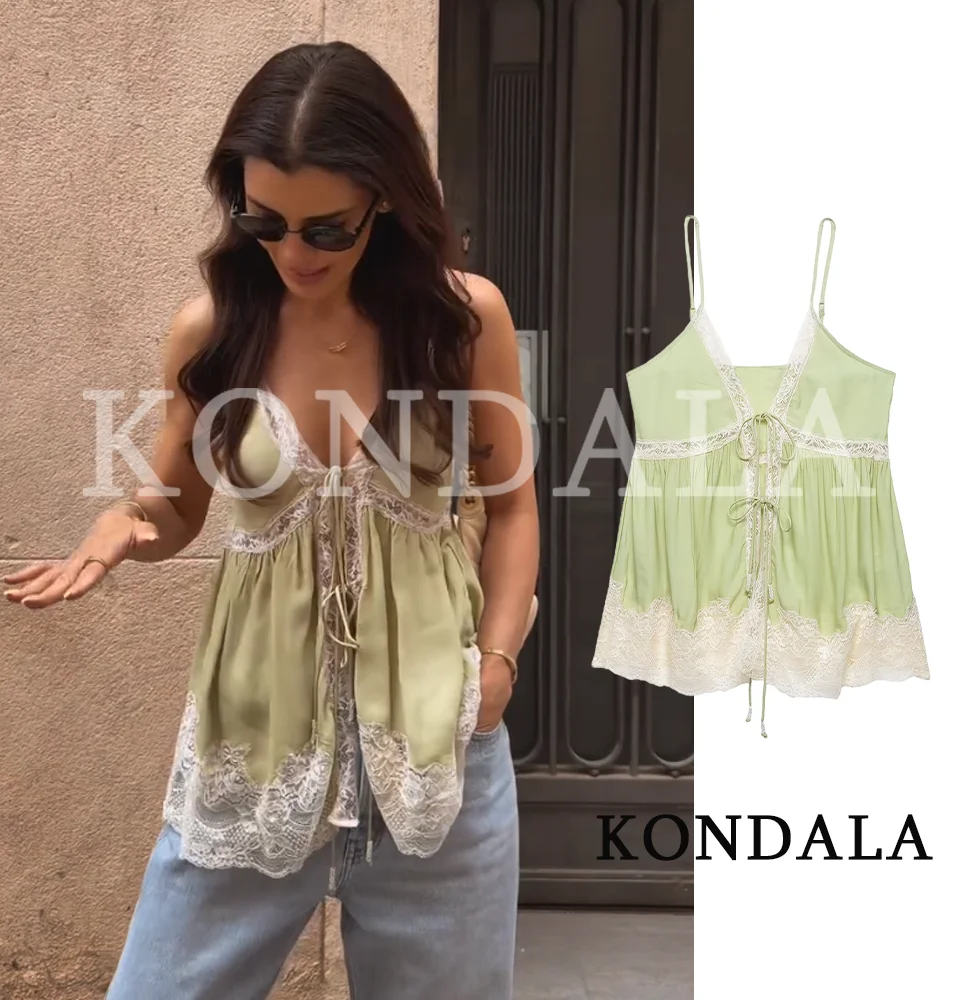 Women Chic Lace-up Lace Vest Tops KONDALA 2026 Summer Trendy Holiday Cute Camisole Female Elegant Leisure Beach High Street Tops