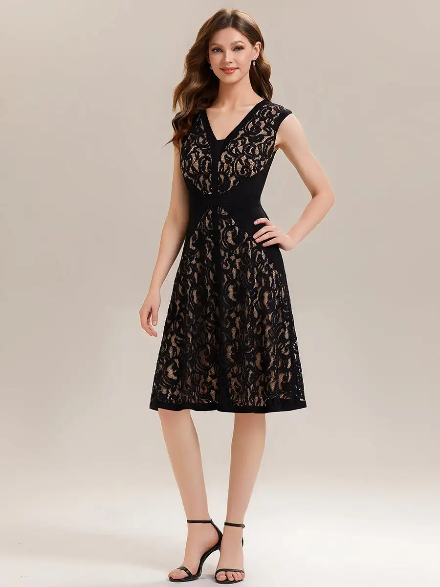fast-delivery-strapless-deep-v-neck-contrast-color-a-line-midi-wedding-guest-dresses