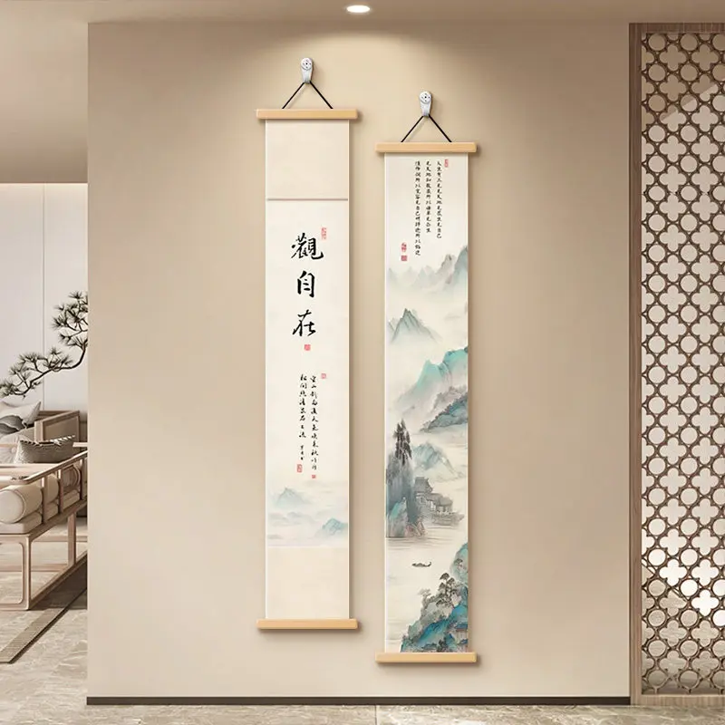Aesthetic Room Decor – Mountain & Calligraphy Scroll Poster, Song Style Ink Wash Art for Corridor, Zen Nook & Mindful Living