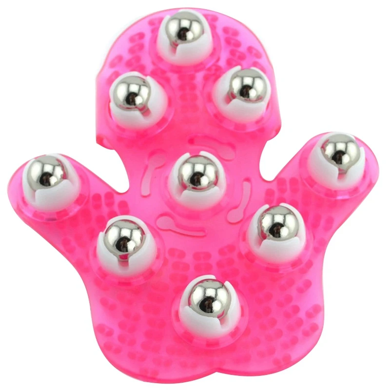 Palm Shaped Massage Glove Body Massager With 9 360-Degree-Roller Metal Roller Ball Beauty Body Care (Pink)