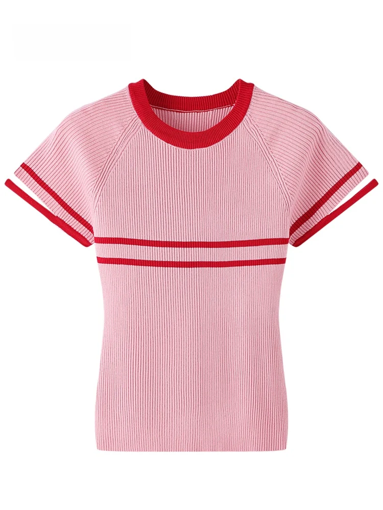 

JZZDEMM Pink Sweet Youthful Knitted ort Sve Slim Fit Women's Top Thin Sle Commute Vintage Low round Ne Regular Length