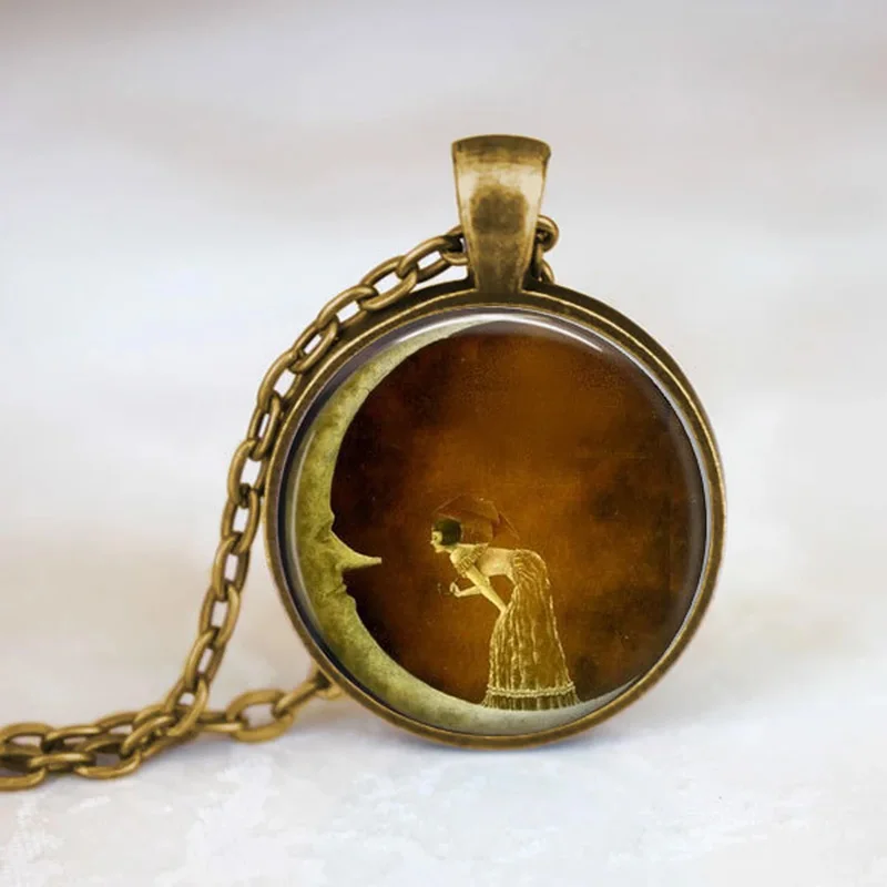 Vintage Frau auf dem Mond Halskette Runde Halbmond Kunst Bild Glas Anhänger Halsketten Schmuck