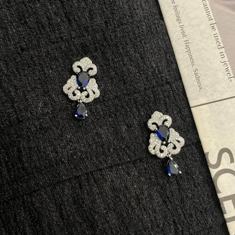 925 sterling silver light luxury new sapphire earrings with retro zircon inlay, high-end long style, elegant banquet earrings