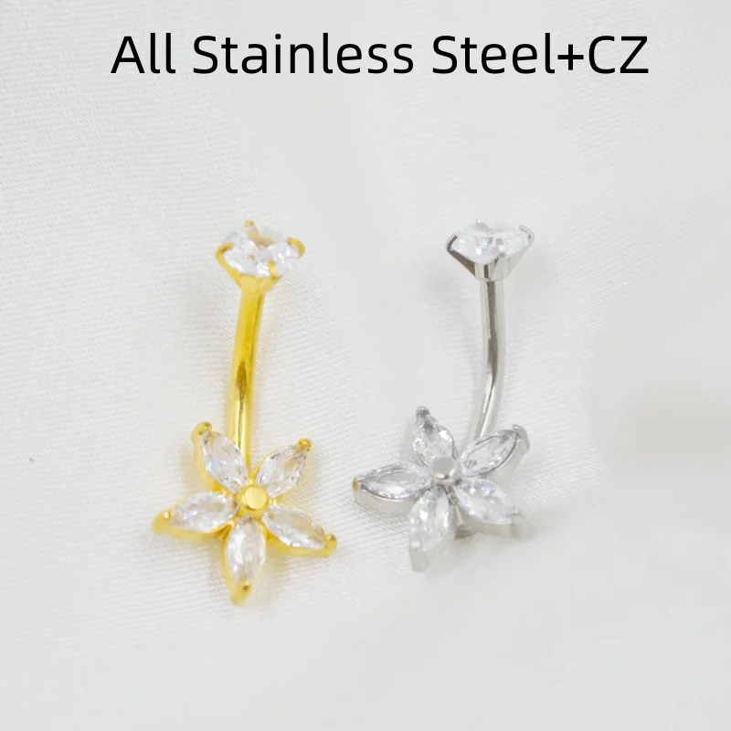 

10PCS Surgical Steel CZ Flower Navel Belly Button Bar Internally Threaded Navel Rings Body Piercing Jewelry