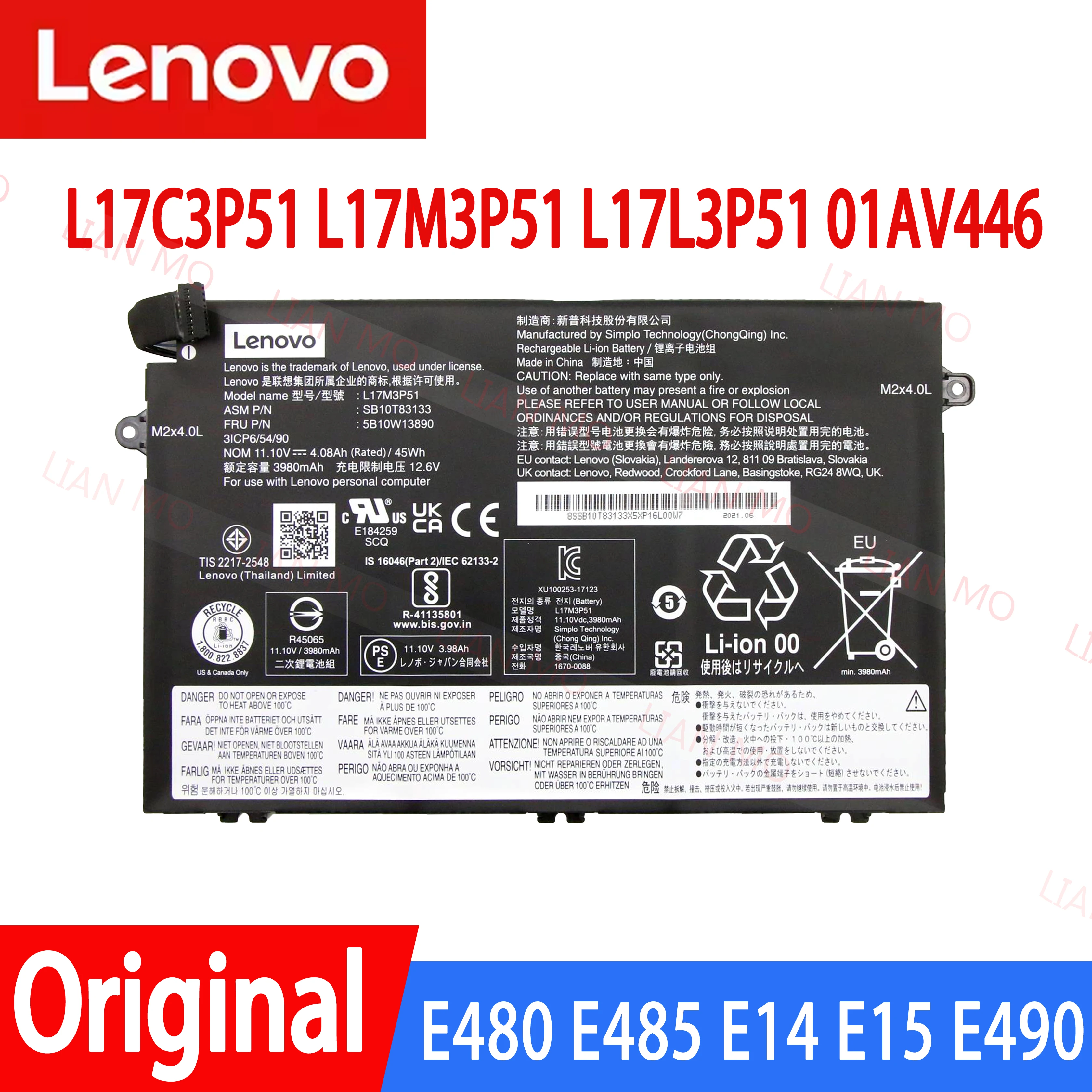 Lenovo-Batterie ThinkSub pour ordinateur portable, E480, E485, E14, E15, E580, E585, R480, E490, E495, Original, L17C3P51, L17M3P51, L17L3P51,