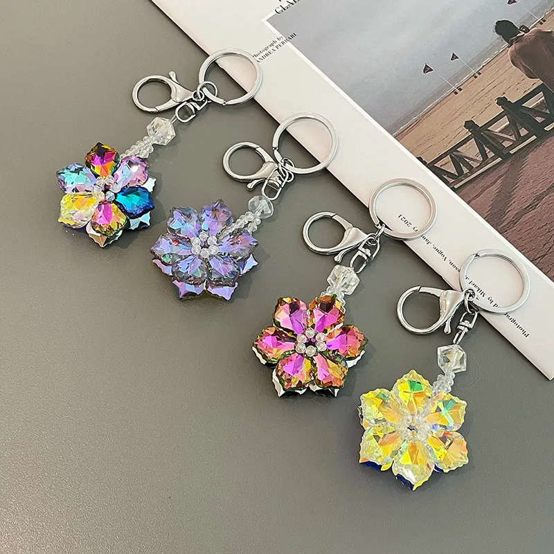 2022 Luxury Colorful Crystal Rhinestone Snowflake Keyring Charm Pendant Purse Bag Keychain Women Birthday Present