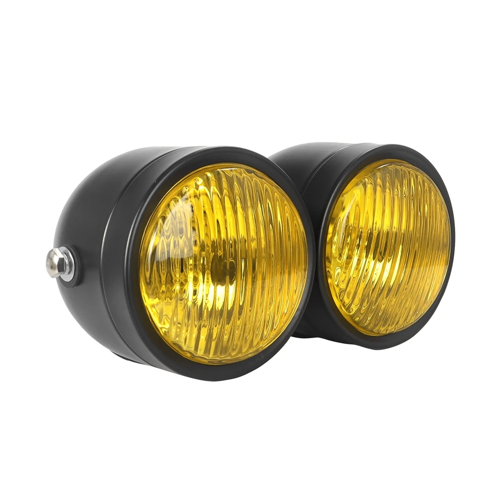 Black H4 Double Twin Head Light Motorcycle Dominator Dual Headlight Clear/ Yellow Lens For Harley Touring Cruiser Suzuki Honda