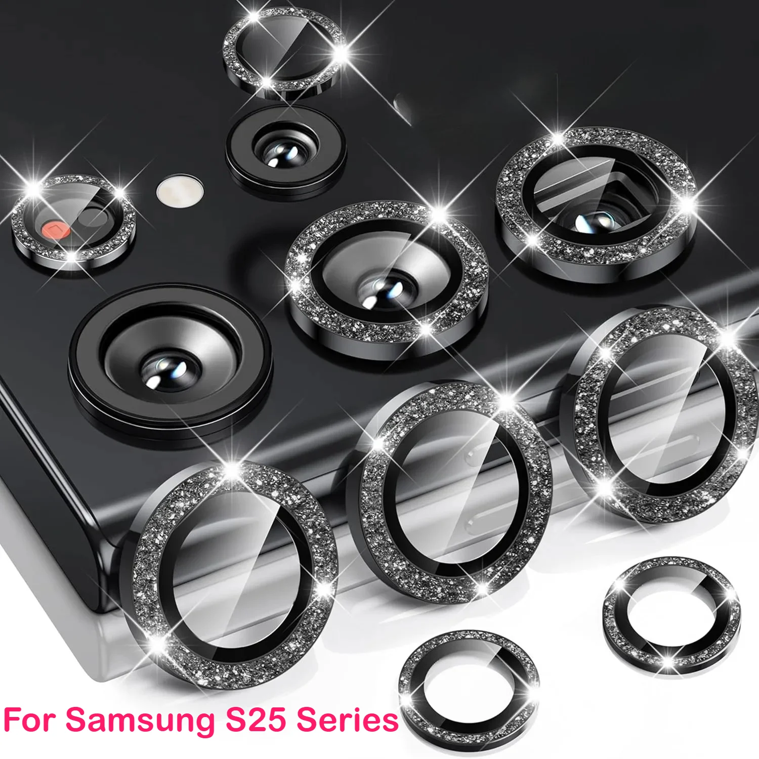 Glitter Bling Tiny Diamond Alloy Camera HD Glass Protector for Samsung Galaxy S25 Edge S24 FE S23 Plus Ultra Metal Lens Ring Cap