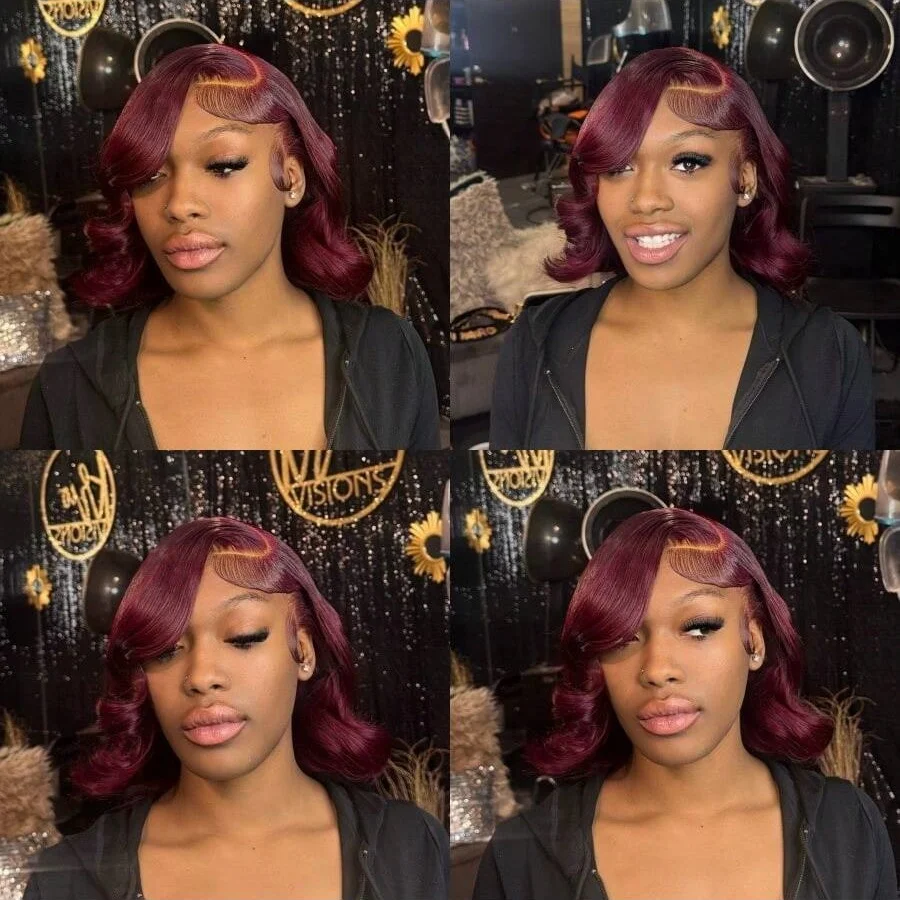 200% 8-18 borgonha 13x4 hd transparente laço frontal perucas de cabelo humano 99j colorido onda do corpo brasileiro pré arrancado com cabelo do bebê