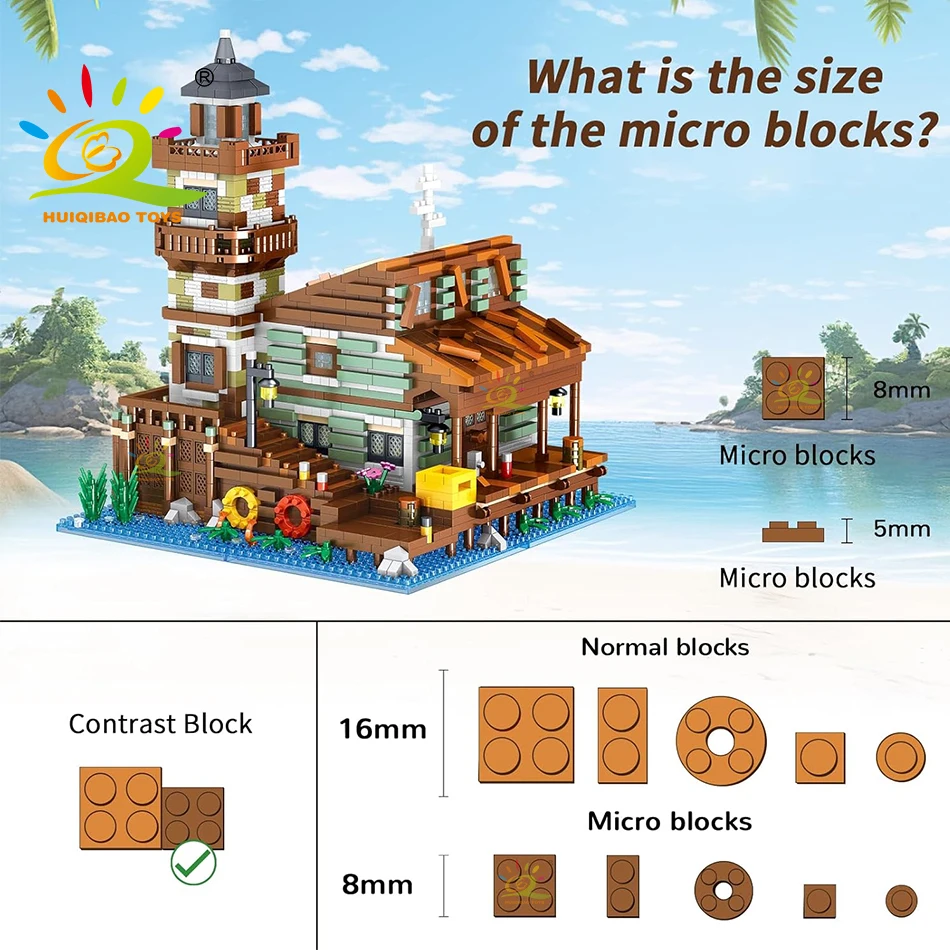 HUIQIBAO City MINI Fishing Village Cabin Micro Building Blocks DIY Fish House Pier With Liight Set Bricks Toys Children Adult