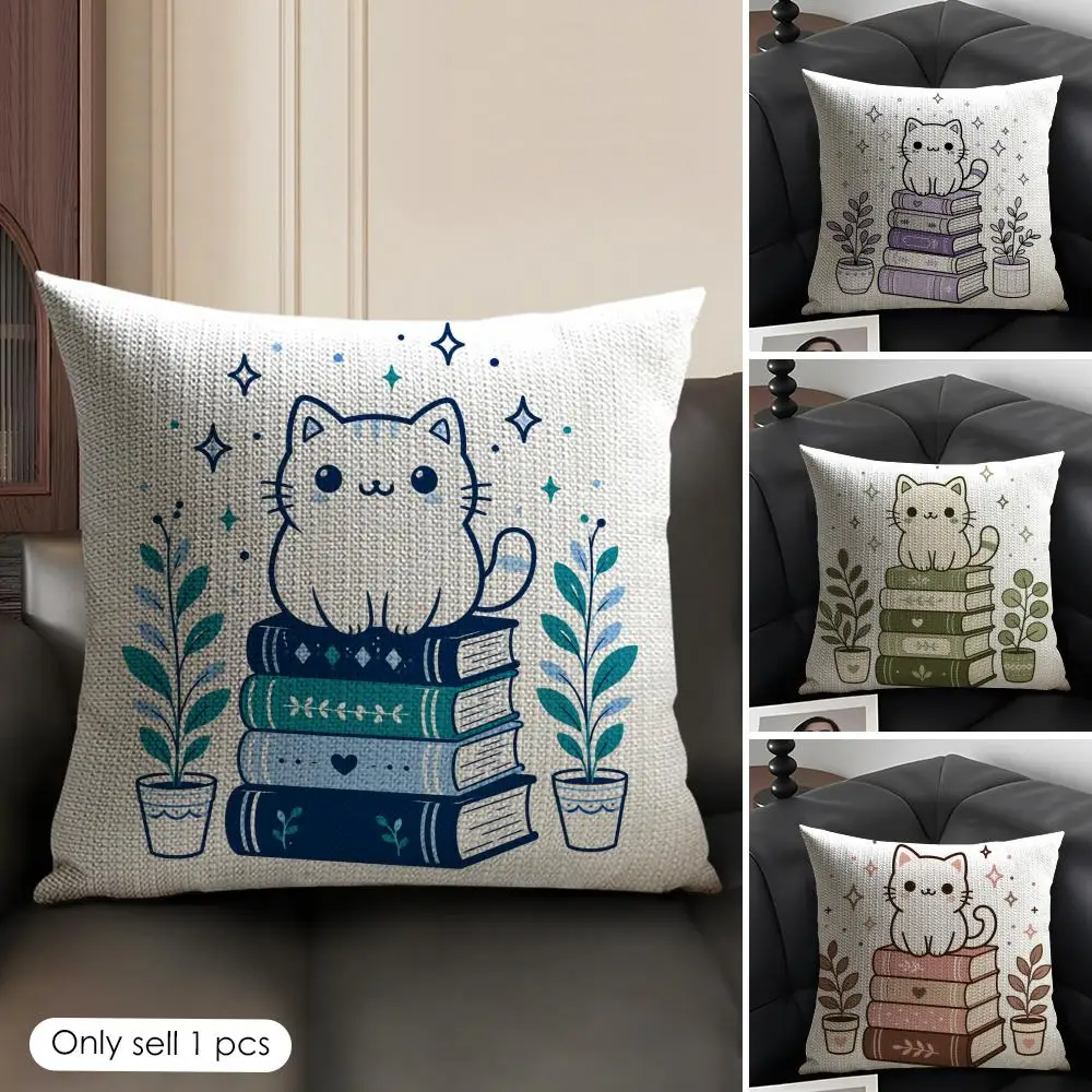 The Cat on the Book Cushion Cover Breathable Linen Organic Fabric Double-Sided Printing Sofa Pillow Case Home Decor
