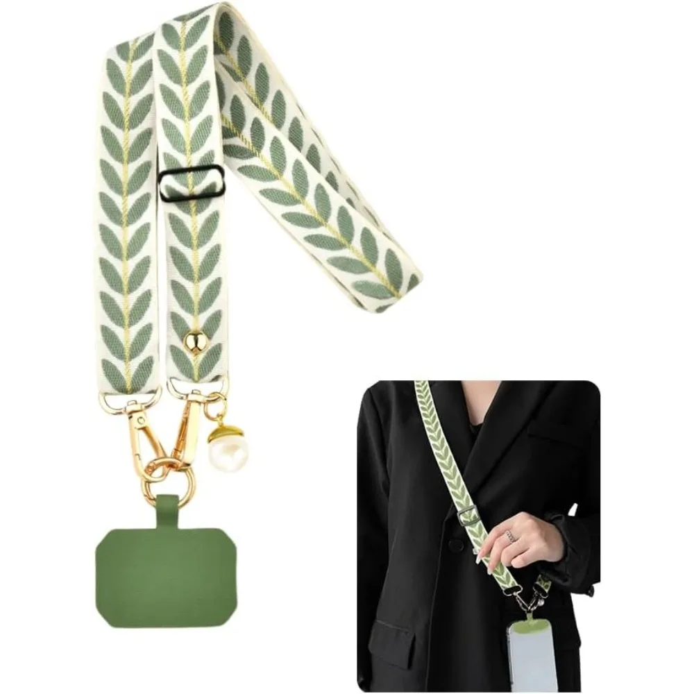Universal Crossbody Phone Lanyard Adjustable Neck Strap With Tear-Proof Tether Tab Boho Leaf Pattern Cell Phone String Charm