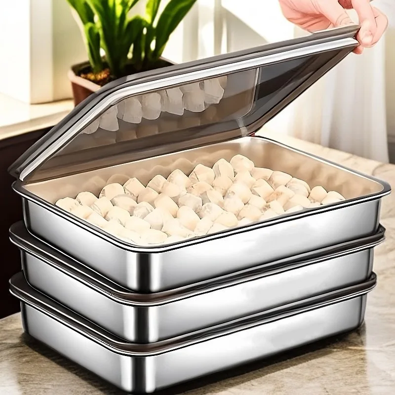 

Hot Multi-functional 316 Stainless Steel with Cover Dumplings Tray Fresh-keeping Dish Rectangular Picnic Barbecue Storage Tray