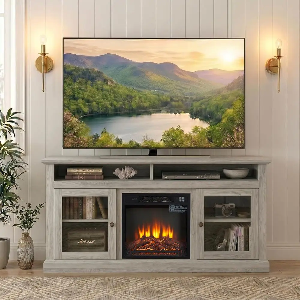 

60 Traditional TV Stand with Electric Fireplace, Media Center, Glass Door Cabinet, and Open Shelves