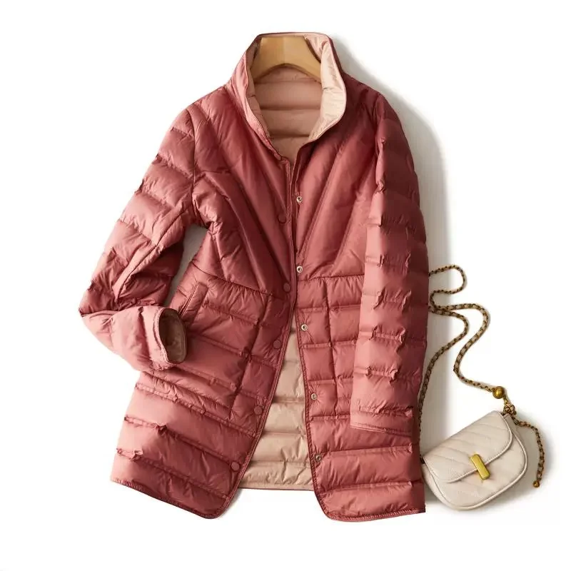 Two-Sided Winter Women Warm Down Coat Light Thin White Duck Down Jacket Parkas Female Single Breasted Midi Long Puffer Outwears