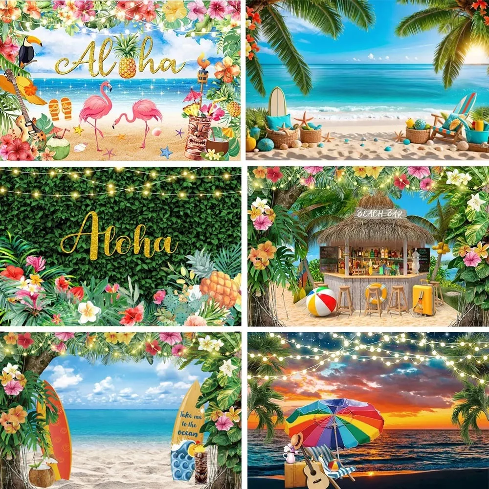 

Summer Hawaii Beach Backdrop Tropical Flowers Aloha Luau Sea Surfboard Holiday Party Birthday Photography Background Decor Props