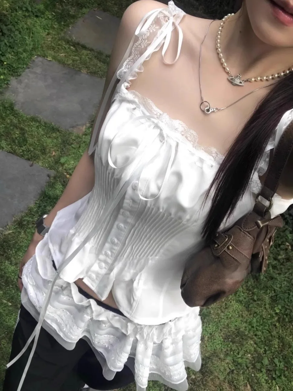 

White Lace Trim Strap Vest Women's Inner Wear Summer New Super Beautiful Svel Waist Cinched Top Commute Sle ort Length
