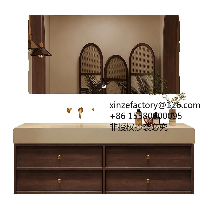 Factory Direct 2026 Top RatedMedieval style rock slab hot bending integrated basin solid wood bathroom cabinet combination smart