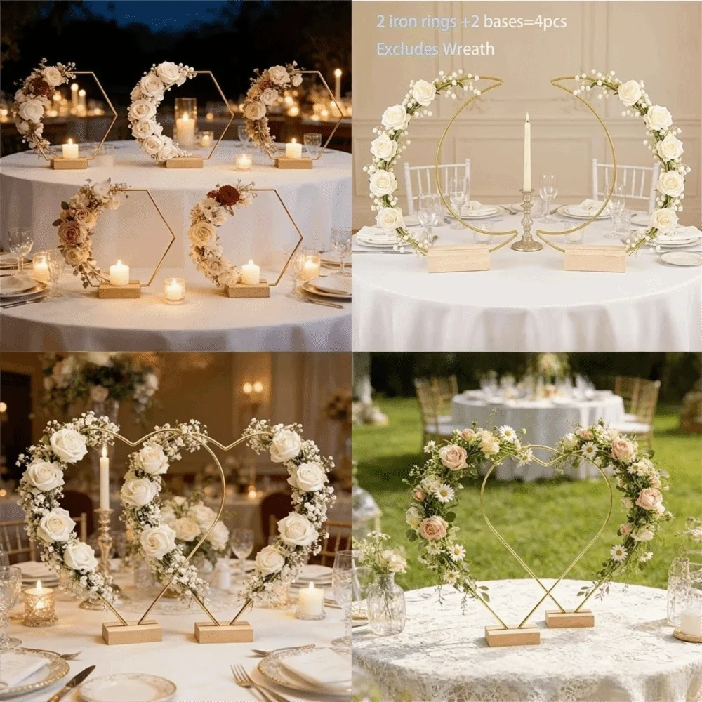 Simple DIY Heart Shape Wreath Frame Wooden Base Hollow Out Floral Garland Moon Shape Metal Hoop Centerpiece Wedding Decor