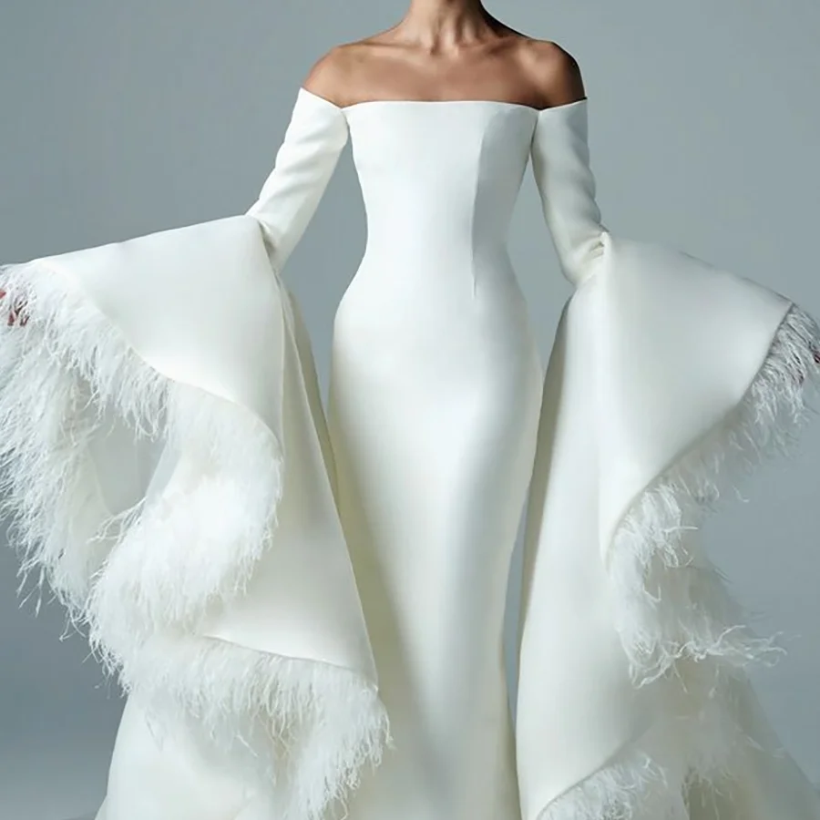 세련된 현대적인 오프숄더 긴 소매 새틴 머메이드 신부 웨딩 드레스 맞춤 제작