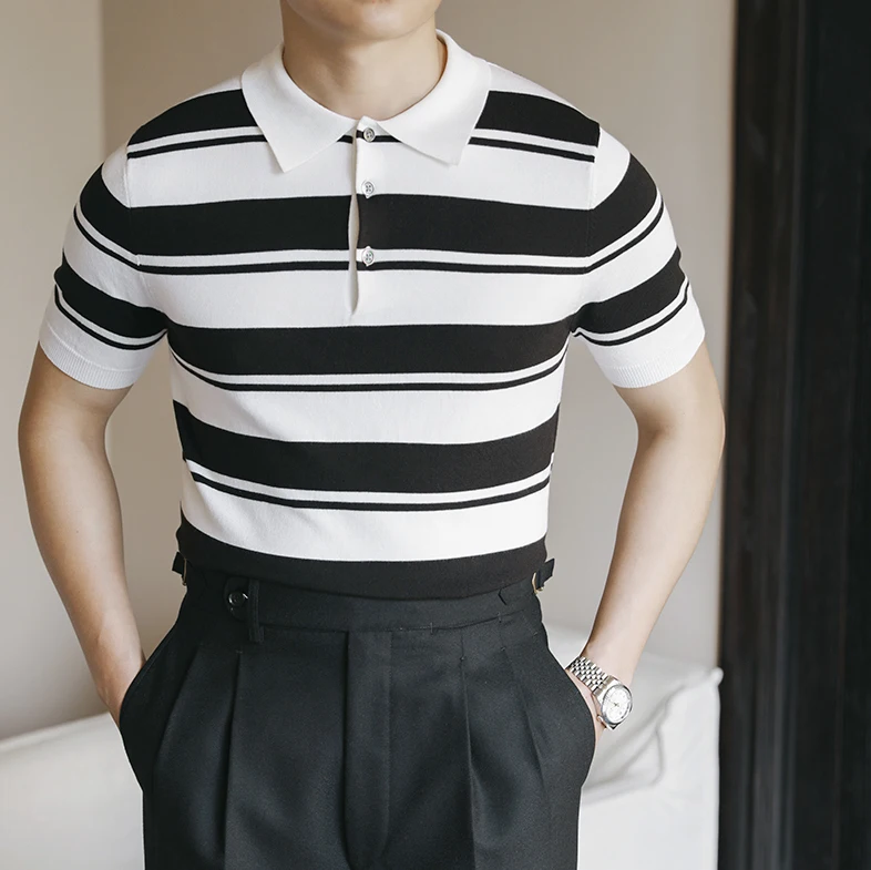 

2024 Fashion Men's Summer Stripe Short Sleeve POLO Shirt Male Button Slim Fit Polo T-shirt Men Business Casual Thin Tops D96