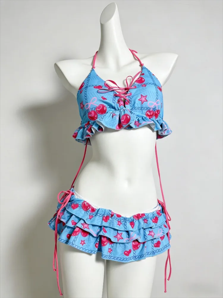 2026 Elegant Print Two Piece Bikini Set High Waist Bottom Swimwear Sweet Cute Beach Bathing Suit Women Summer Swim Outfit New