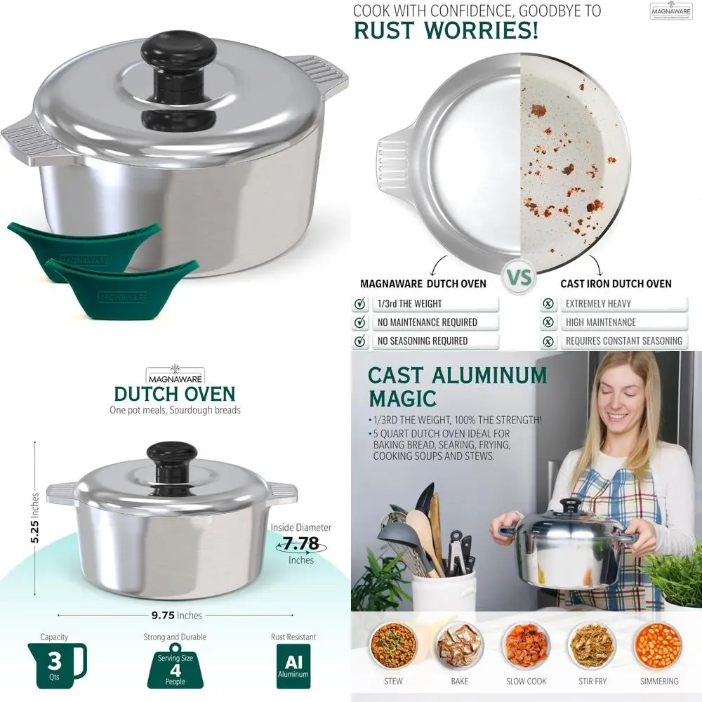 

Lightweight 3-Quart Aluminum Dutch Oven with Lid and Silicone Handles for Even Heat Distribution and Easy Handling