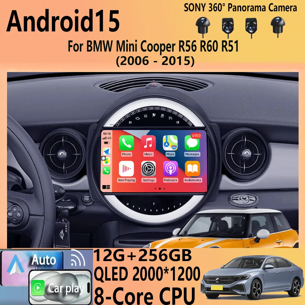Android15 Radio Qled para BMW MINI Cooper R56 R60 2007 - 2014 sistemas inteligentes de coche navegación GPS Carplay Android auto WIFI + 5G
