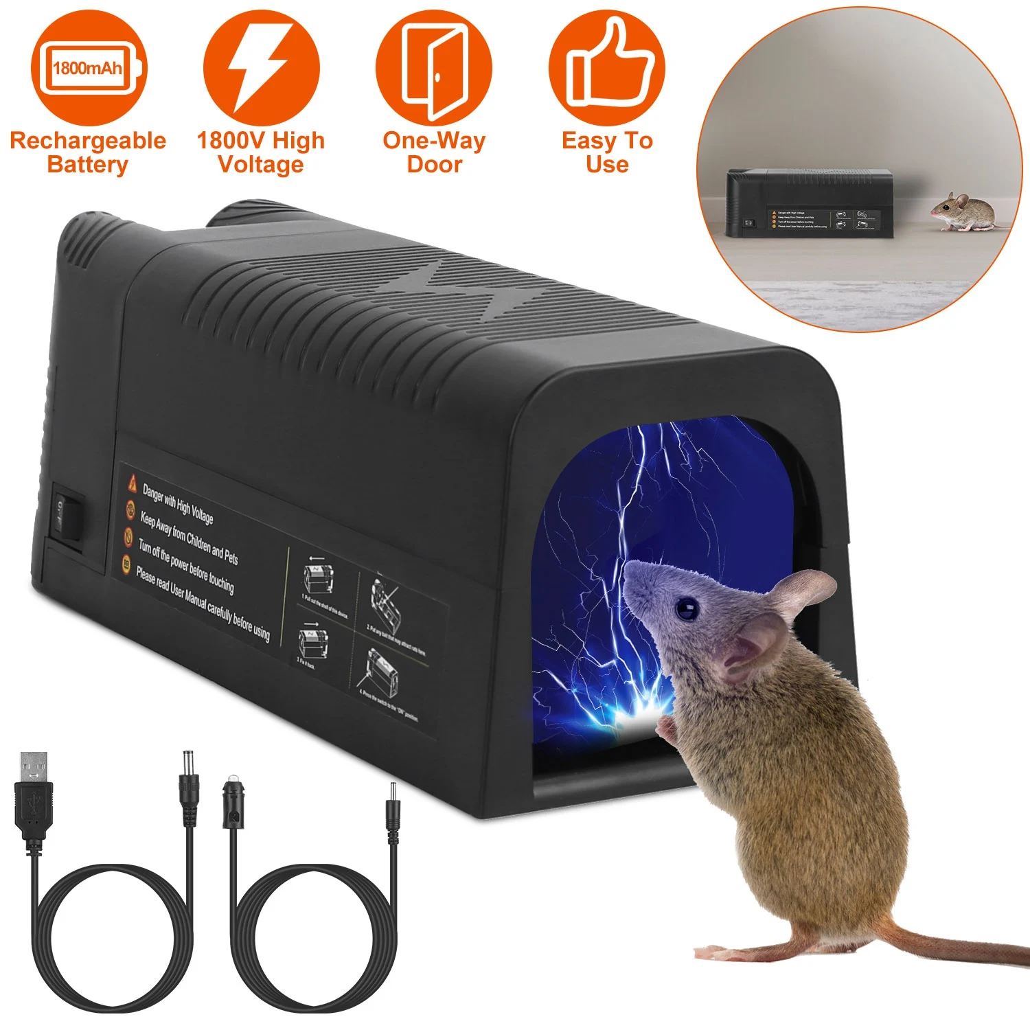 

Rechargeable Electric Rat Trap 1800V Mice Zapper Indoor Pest Control Reusable Rodent Killer Quick Shock No Poison US Delivery