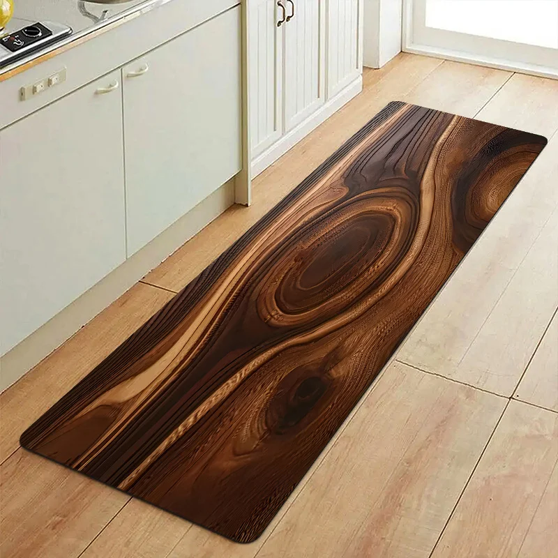 Dark Natural Wood Grain Kitchen Runner Mat Anti Slip Absorbent Rug Vintage Wooden Ring Print Carpet for Sink Cooking Bathroom
