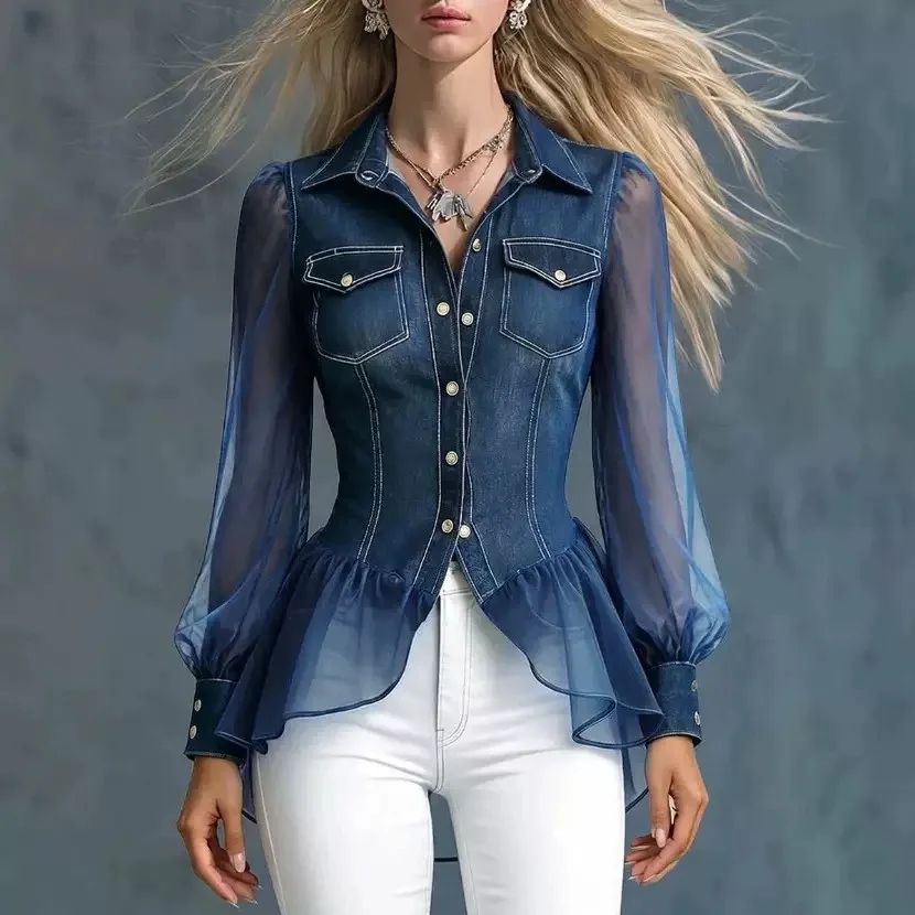 Denim and Mesh Patchwork Blouse with Waist-Cinching Ruffled Hem; Lapel-Collar, Double-Pocket, Puff-Sleeve Denim Shirt