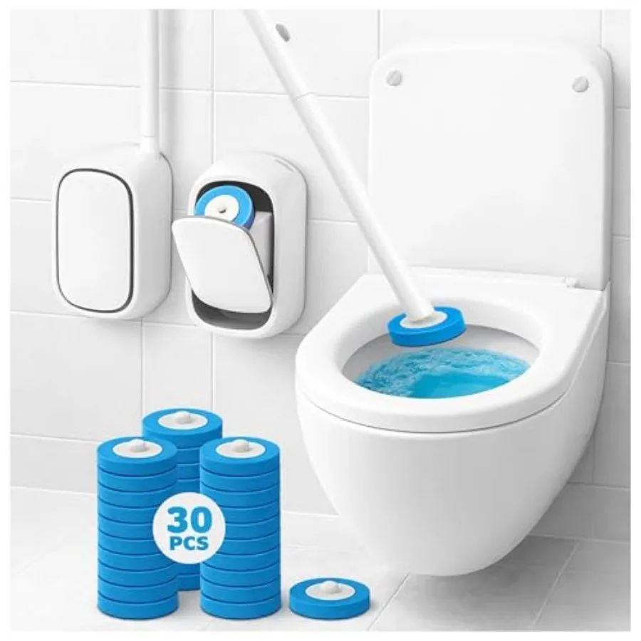 

Disposable Toilet Cleaning System + 30 Disposal Toilet Bowl Brush Refill Heads. Space-Saving Wall Mounted Toilet Brush and Hold
