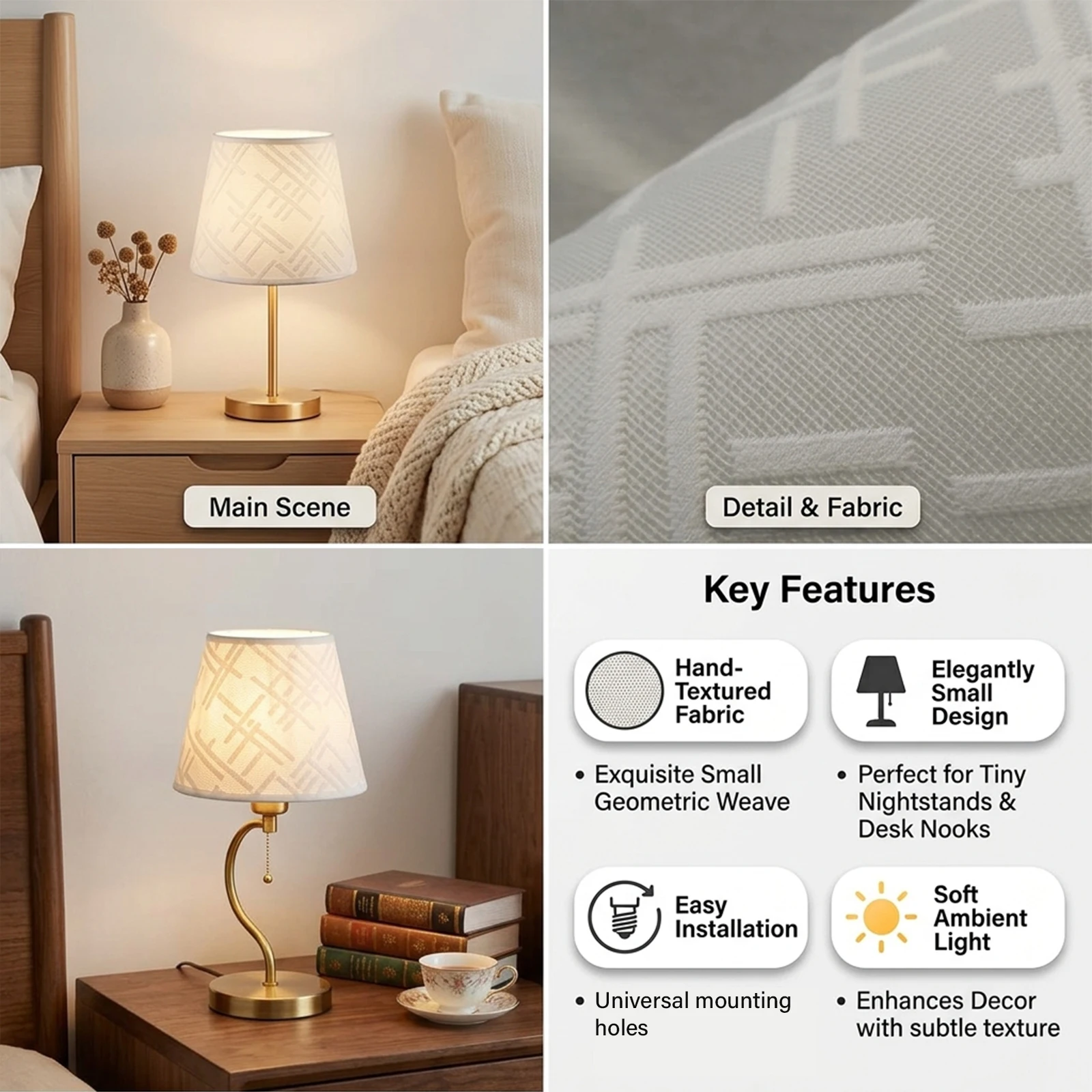 Fabric Lamp Shade, White Diamond Embossed, Conical, Table Wall Cover, Wabi Japandi