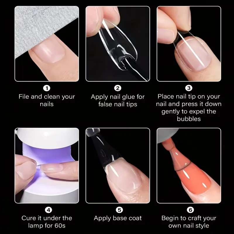 Set de 120 pegatinas de uñas transparentes, incluye 12 tamaños como cuadradas, ovaladas, puntiagudas, almendra, ataúd, etc., uñas acrílicas falsas de cobertura completa 5